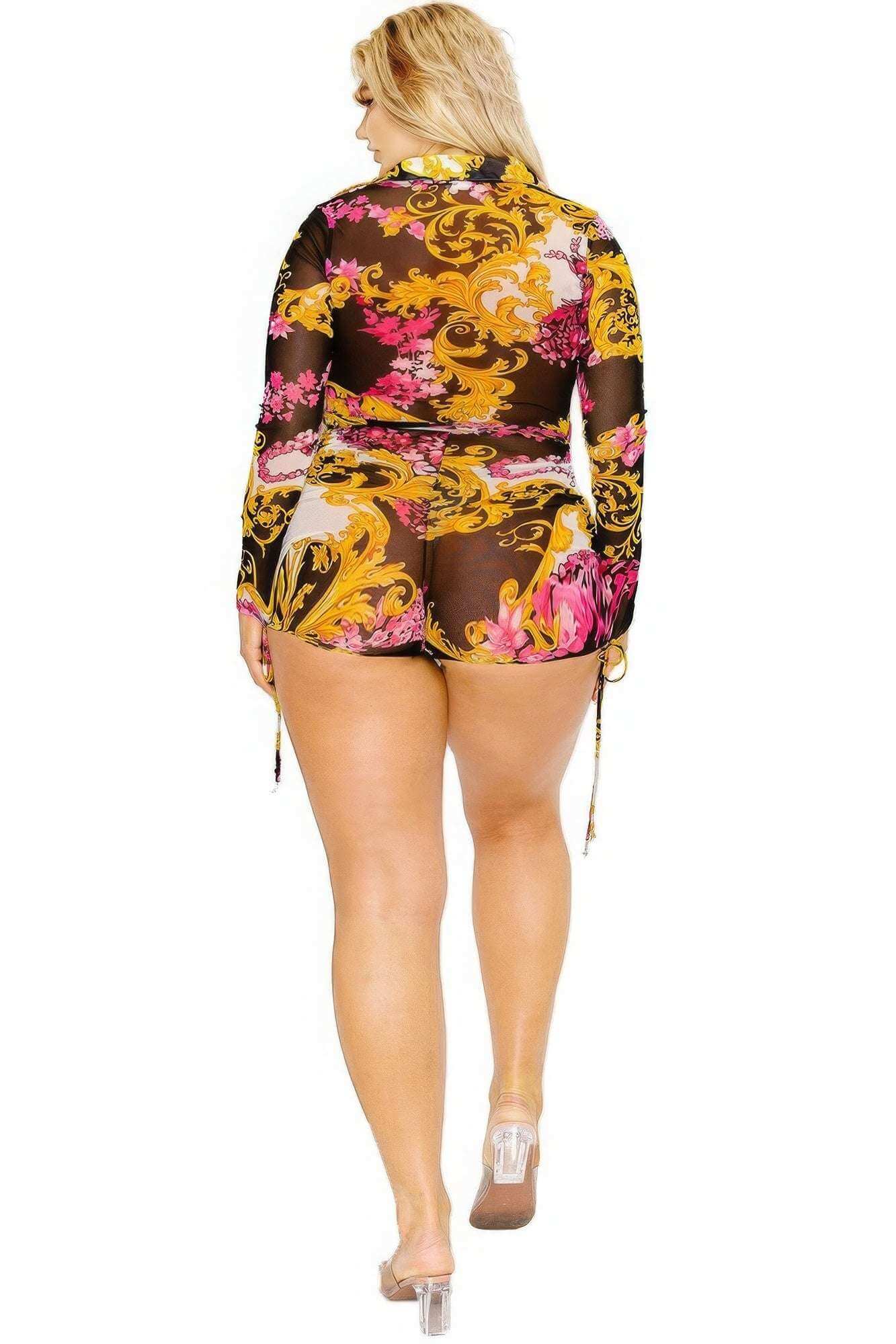 Plus gold & floral pattern print belted romer - The Diva Goddess