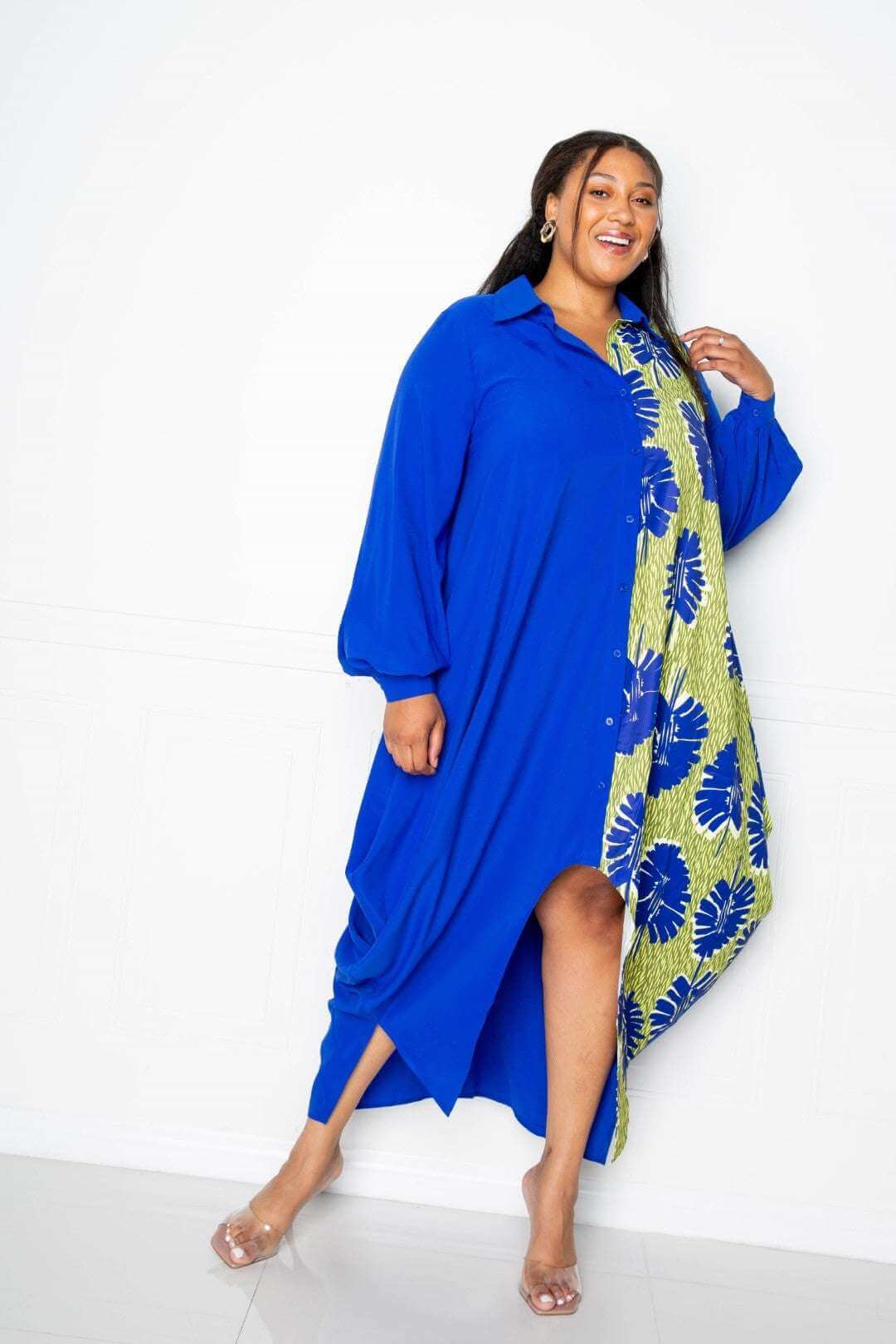 Print Drapy Shirt Maxi Dress - The Diva Goddess