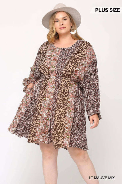 Print Mixed Dolman Sleeve Dress With Side Pockets - The Diva Goddess