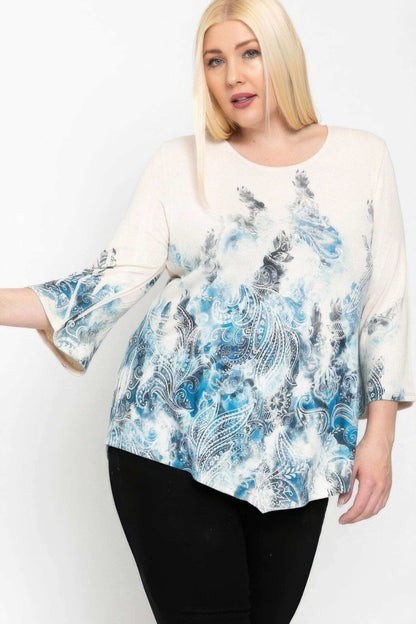 Print Top Featuring A Round Neckline And 3/4 Bell Sleeves - The Diva Goddess