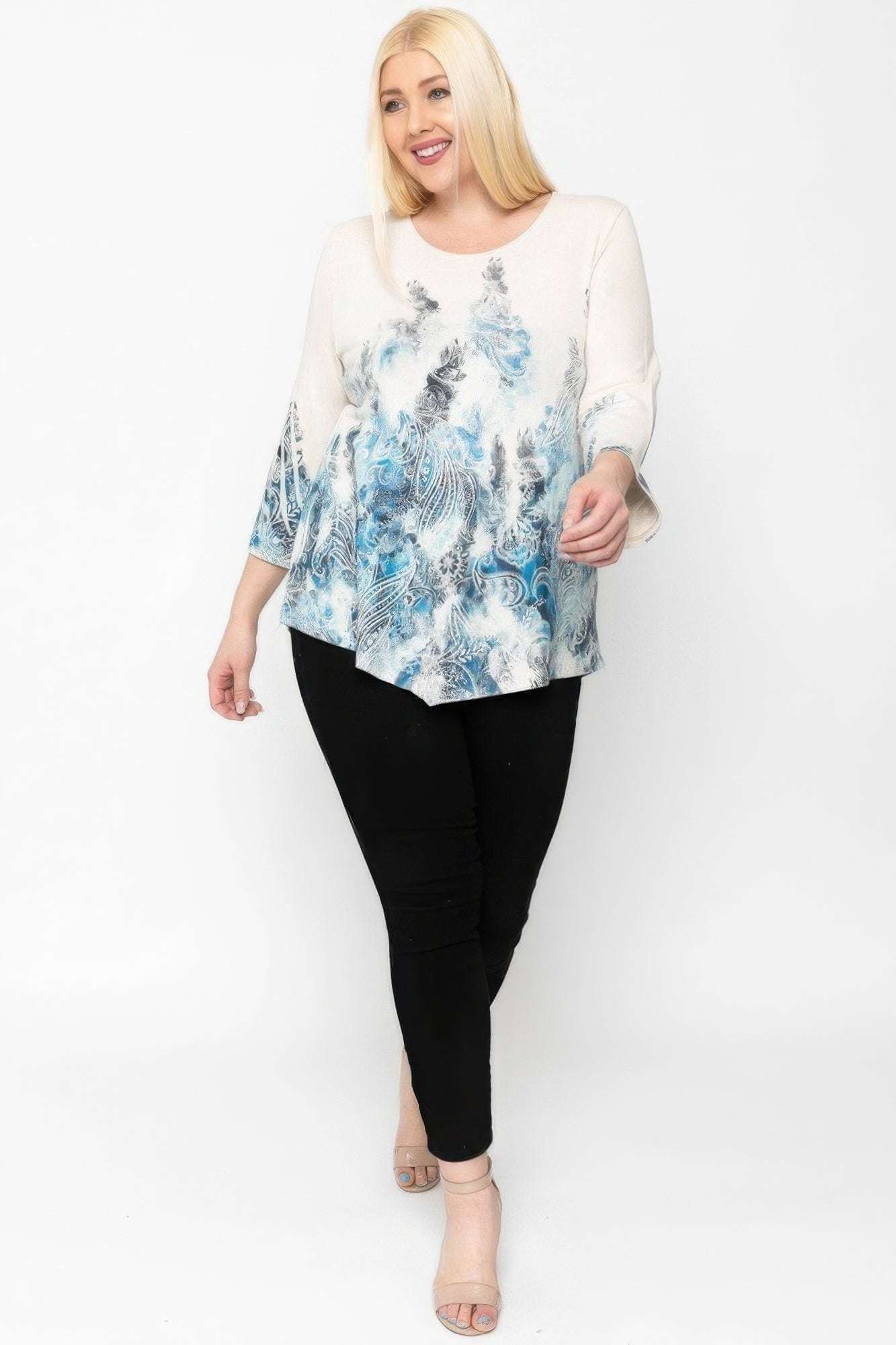 Print Top Featuring A Round Neckline And 3/4 Bell Sleeves - The Diva Goddess