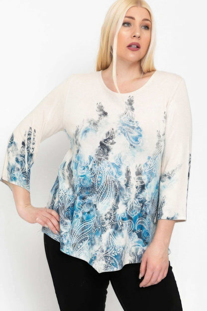 Print Top Featuring A Round Neckline And 3/4 Bell Sleeves - The Diva Goddess