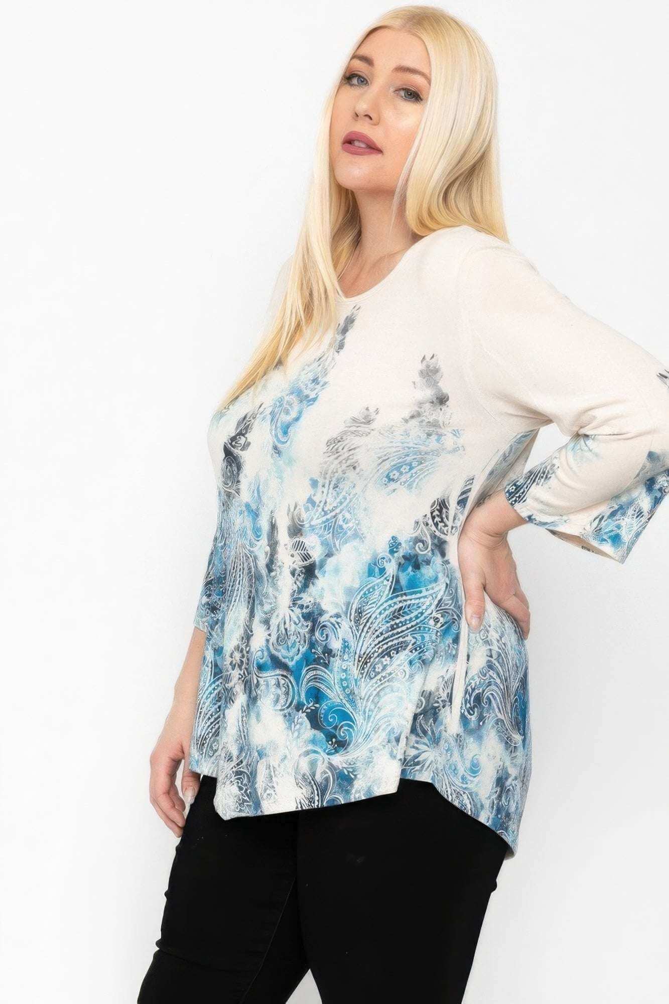 Print Top Featuring A Round Neckline And 3/4 Bell Sleeves - The Diva Goddess