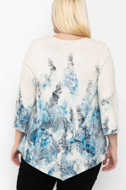 Print Top Featuring A Round Neckline And 3/4 Bell Sleeves - The Diva Goddess