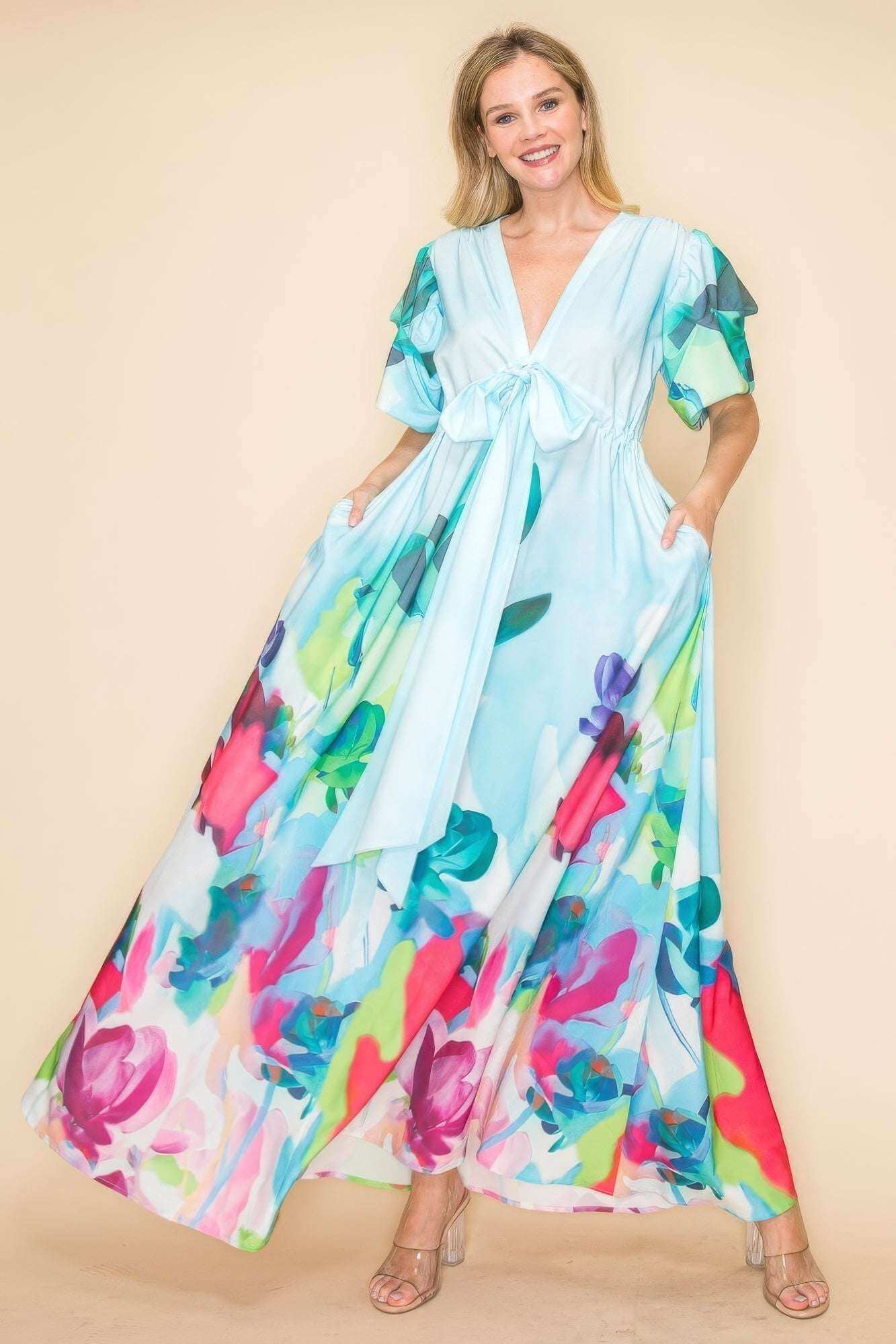 Printed V Neck Maxi Dress - The Diva Goddess