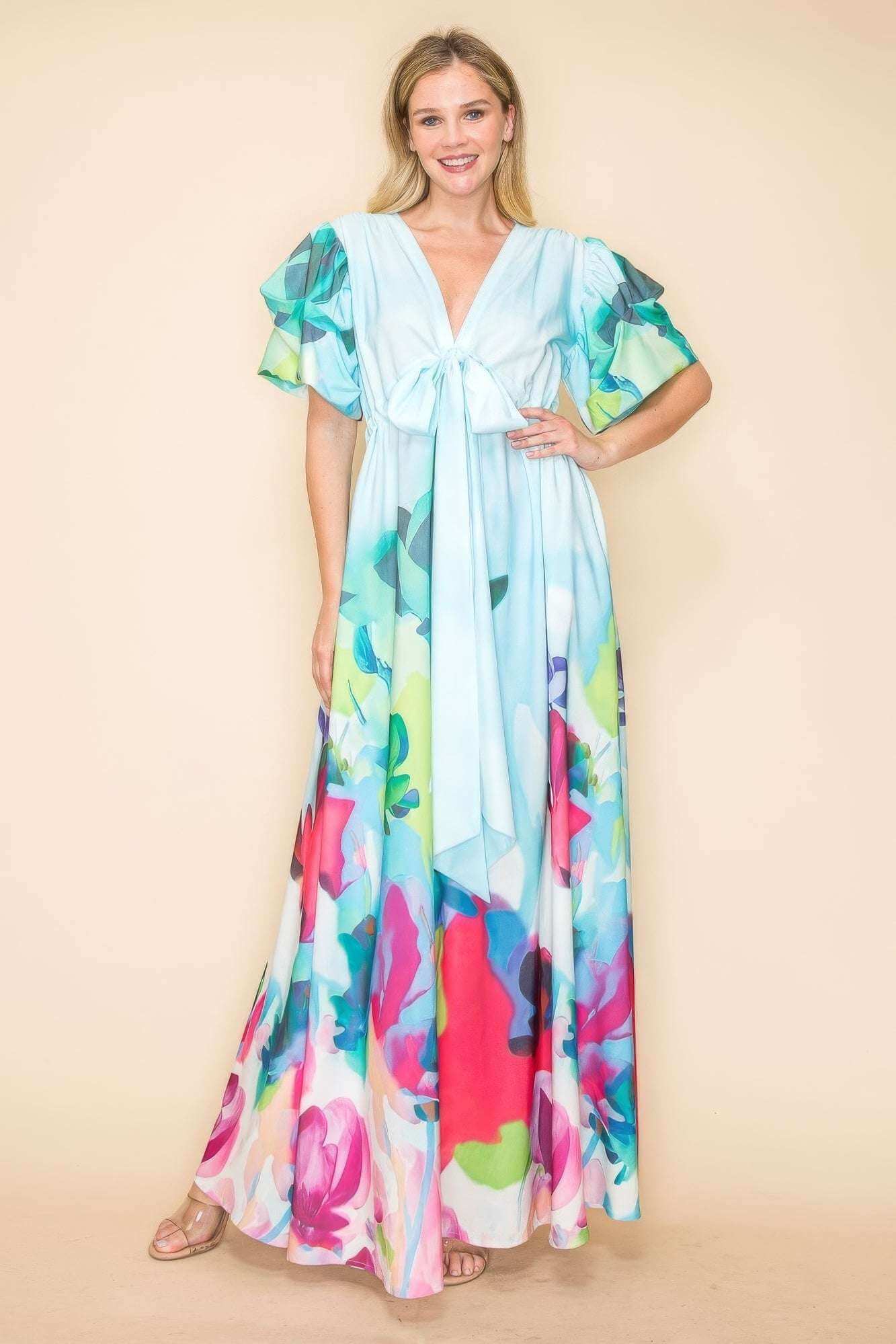 Printed V Neck Maxi Dress - The Diva Goddess