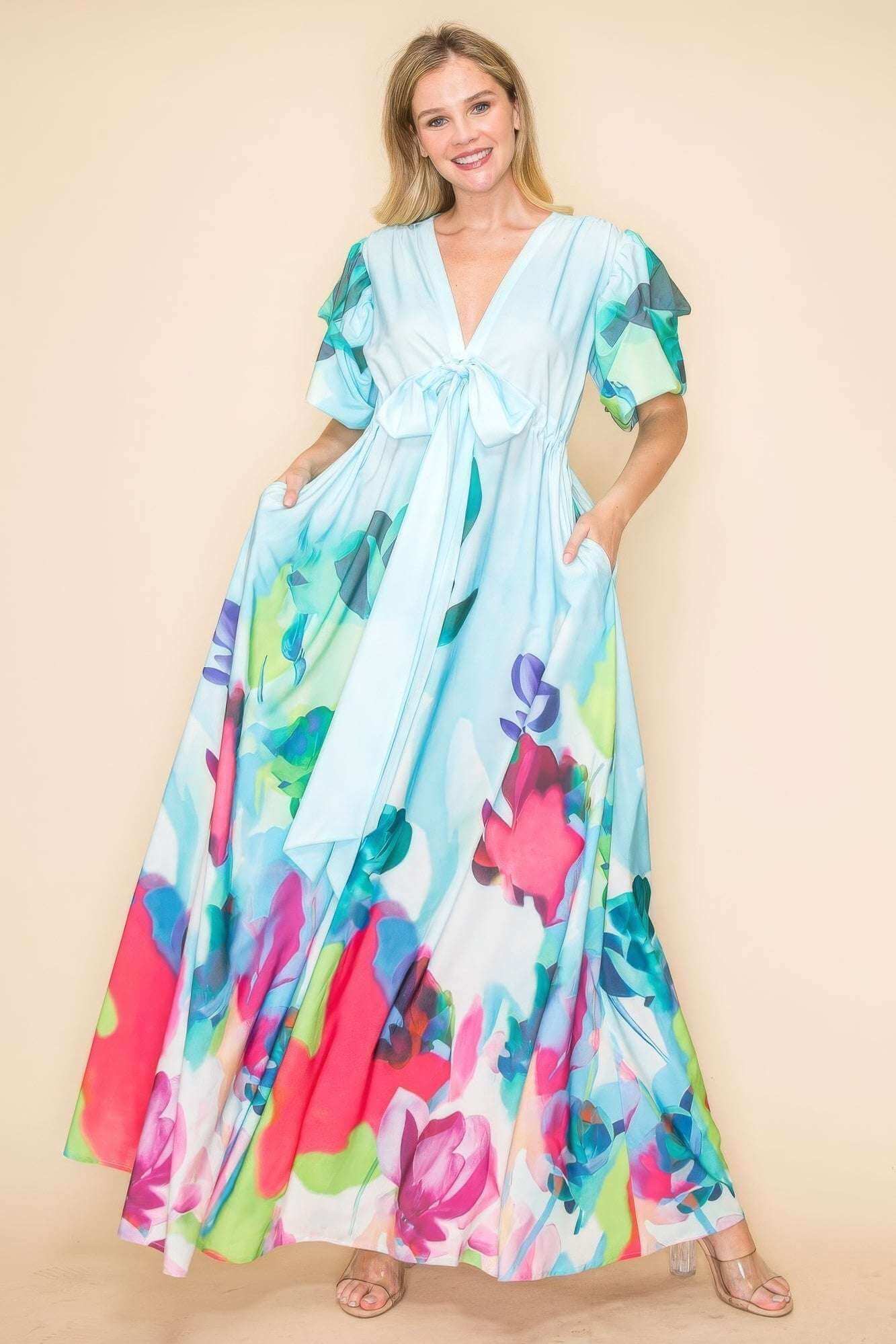 Printed V Neck Maxi Dress - The Diva Goddess