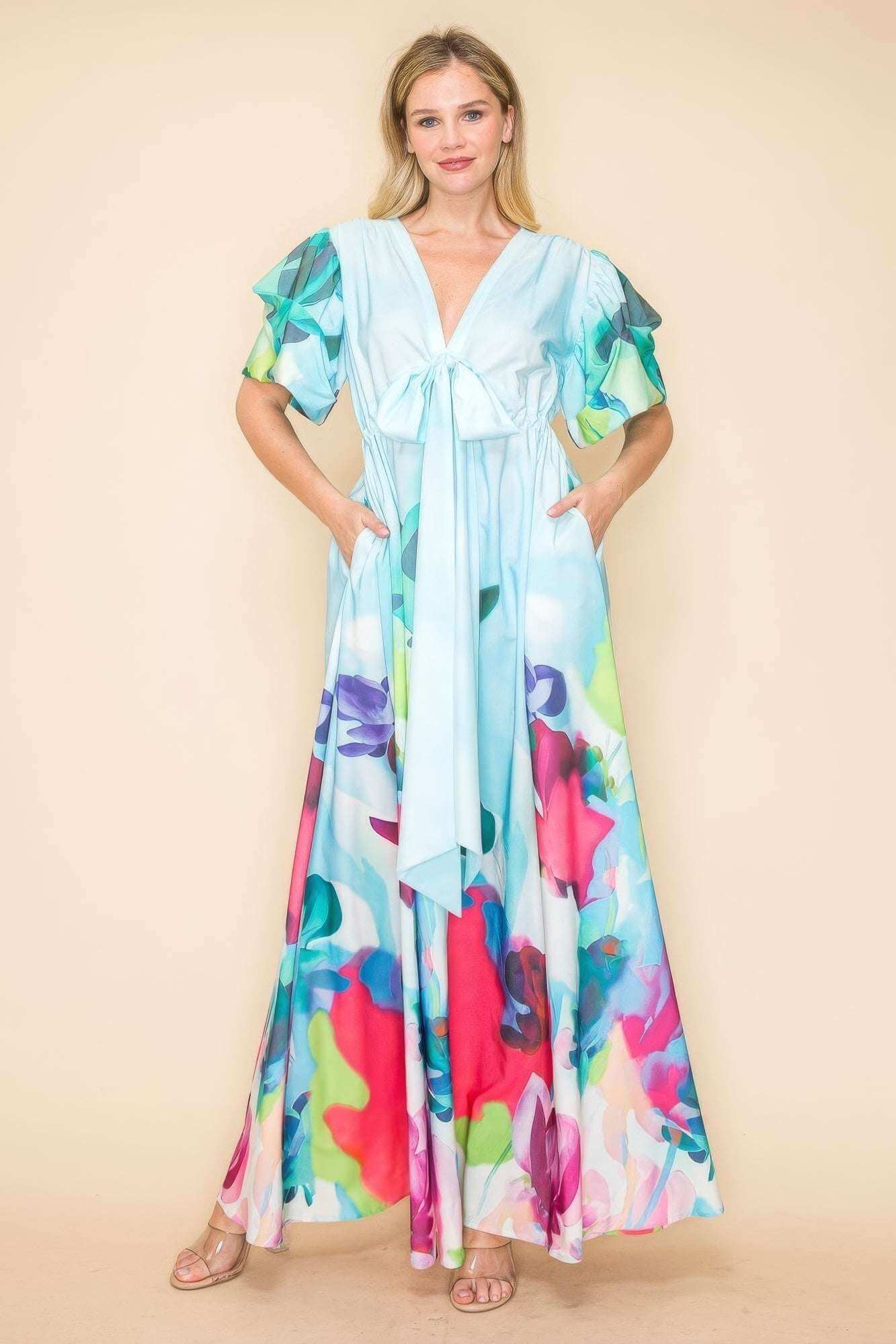 Printed V Neck Maxi Dress - The Diva Goddess