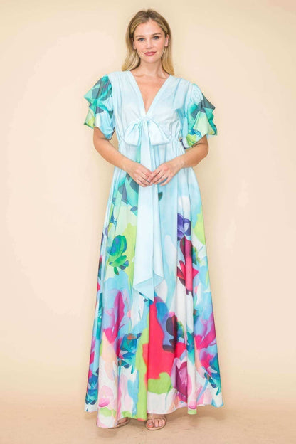 Printed V Neck Maxi Dress - The Diva Goddess