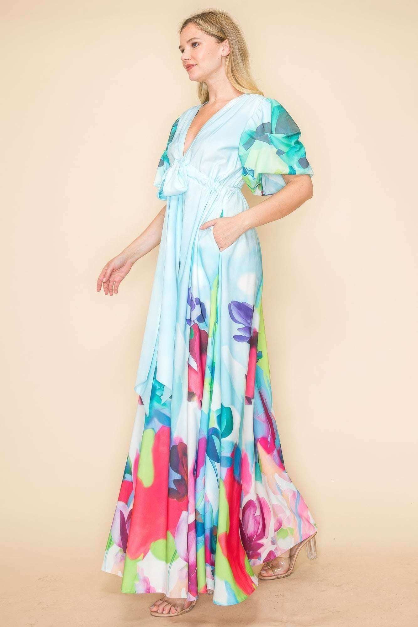 Printed V Neck Maxi Dress - The Diva Goddess