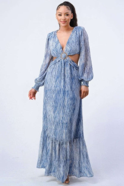 Printed V Neck Self Belted Side Cut Out Ruffled Maxi Dress - The Diva Goddess