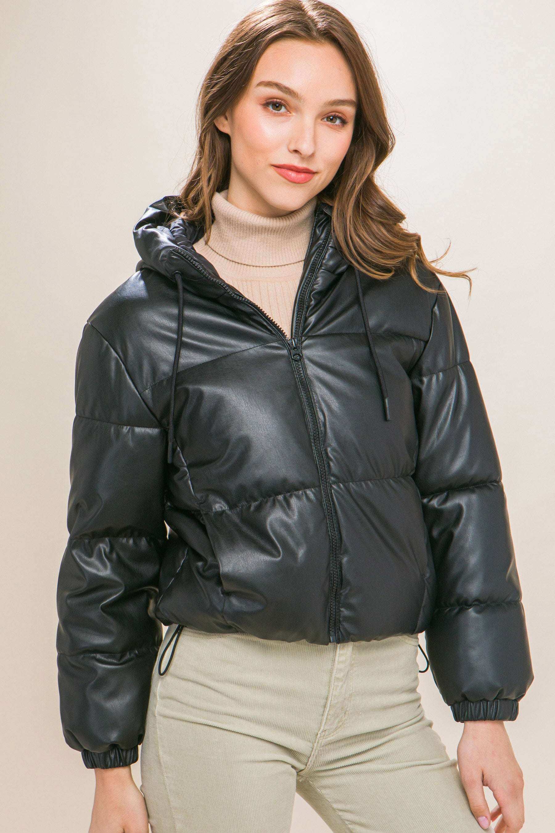 Pu Faux Leather Zipper Hooded Puffer Jacket - The Diva Goddess