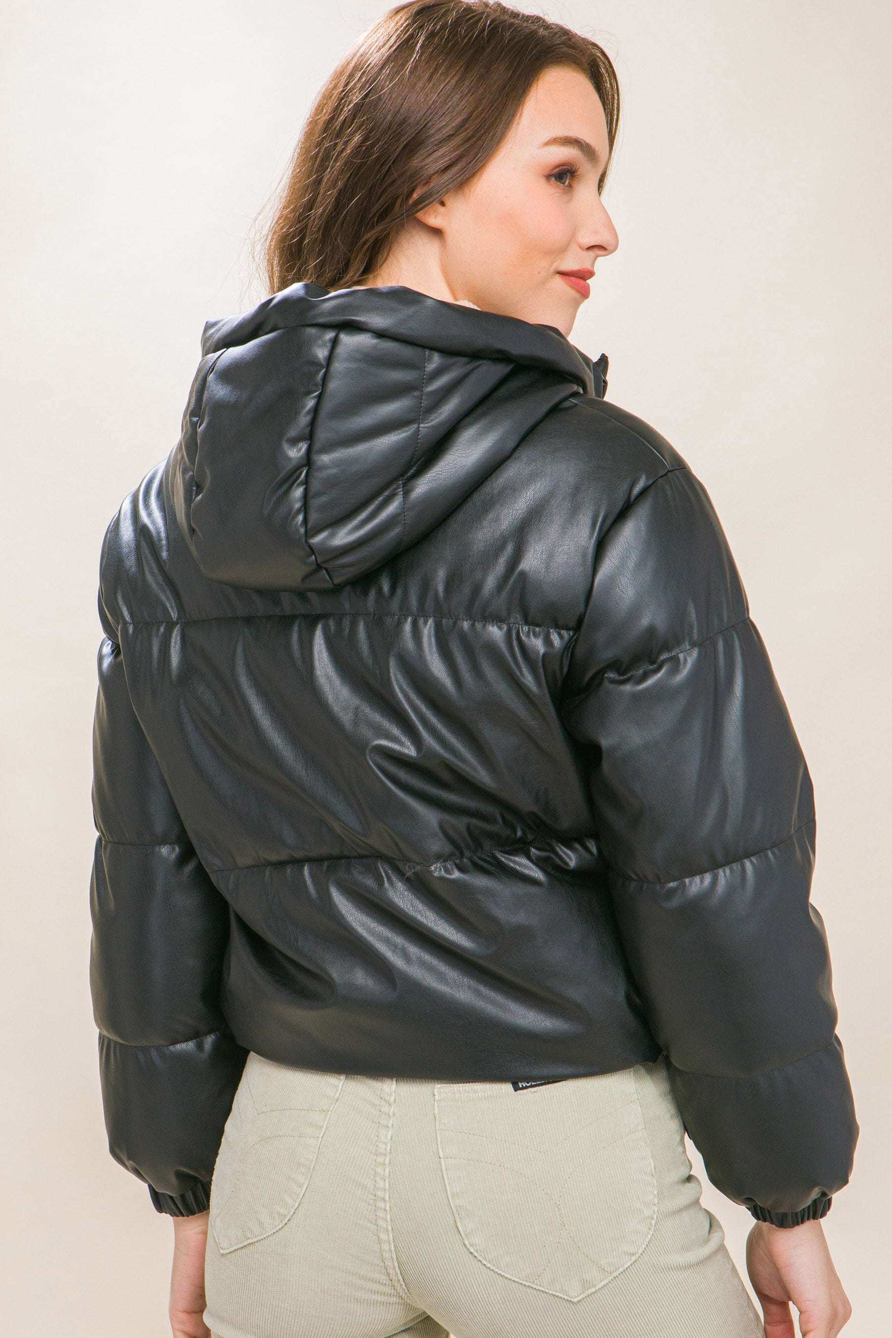 Pu Faux Leather Zipper Hooded Puffer Jacket - The Diva Goddess