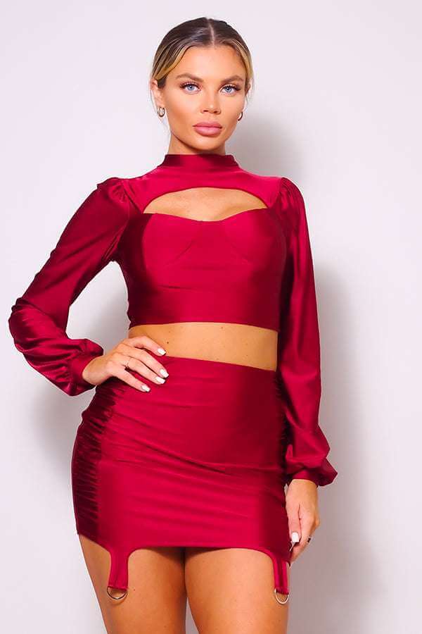 Puff Long Sleeve Front Cutout Turtleneck Blouse & Side Ruched Garter Mini Skirt Set - The Diva Goddess