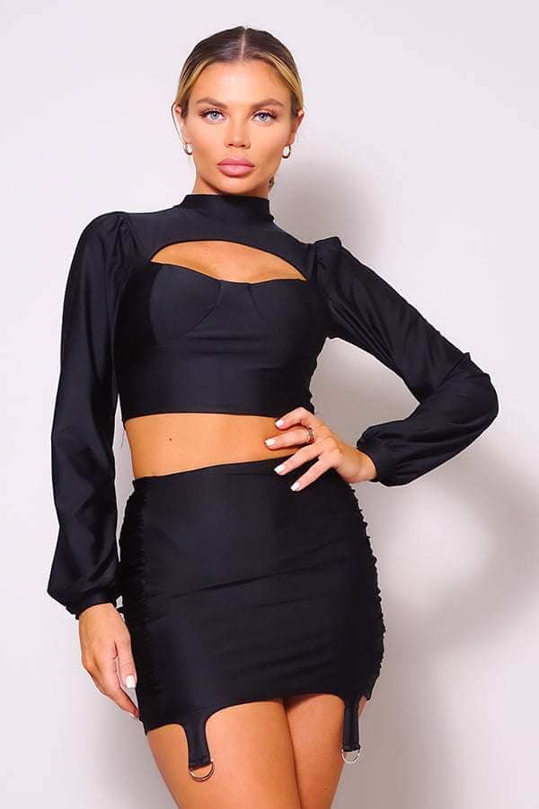 Puff Long Sleeve Front Cutout Turtleneck Blouse & Side Ruched Garter Mini Skirt Set - The Diva Goddess