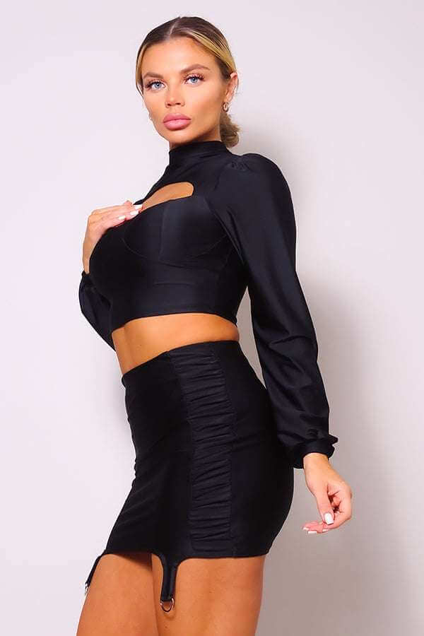 Puff Long Sleeve Front Cutout Turtleneck Blouse & Side Ruched Garter Mini Skirt Set - The Diva Goddess