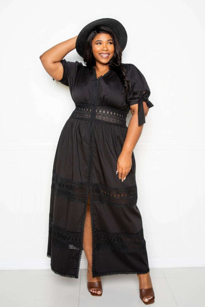 Puff Sleeve Maxi Dress With Lace Insert - The Diva Goddess