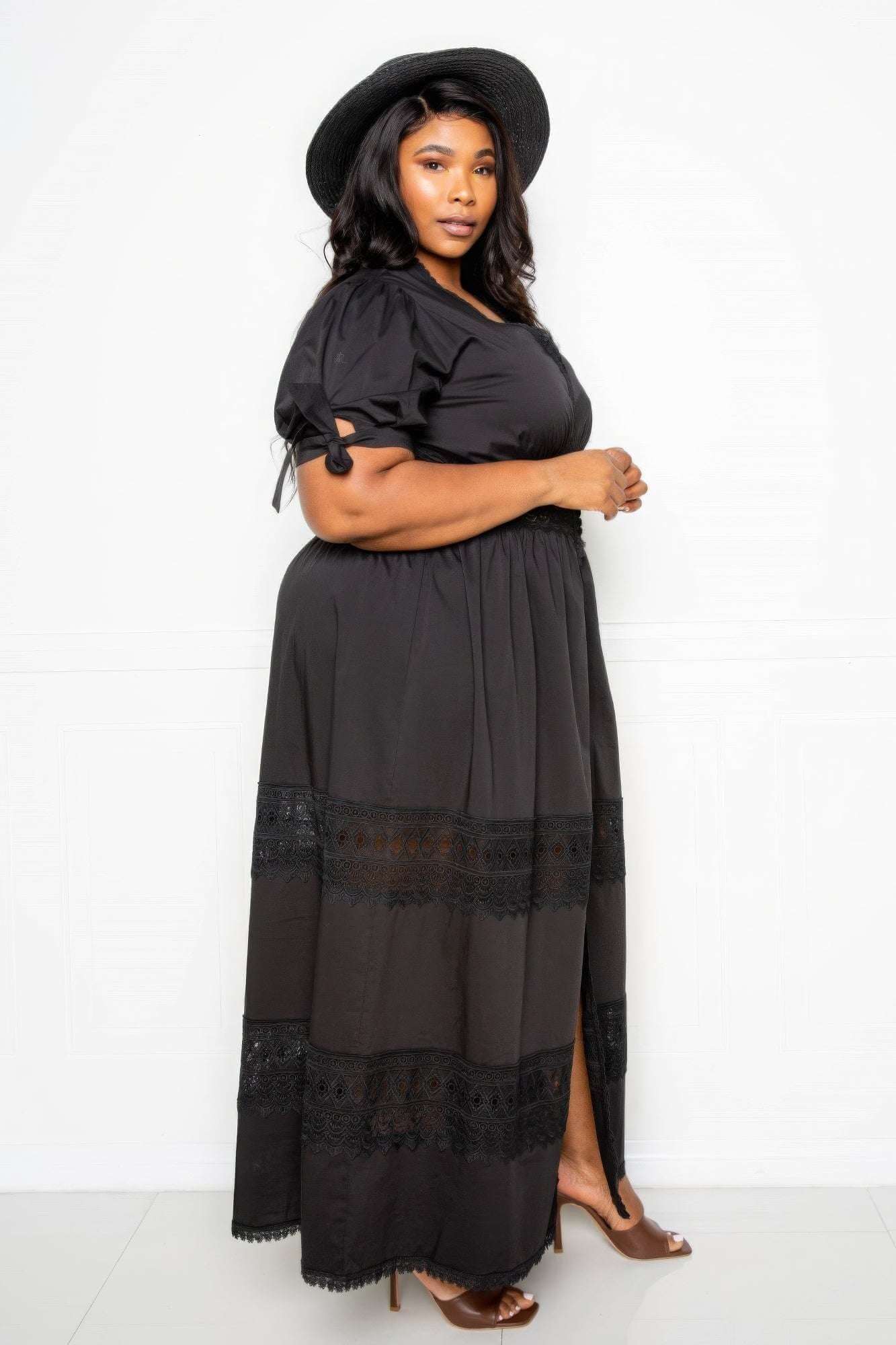 Puff Sleeve Maxi Dress With Lace Insert - The Diva Goddess