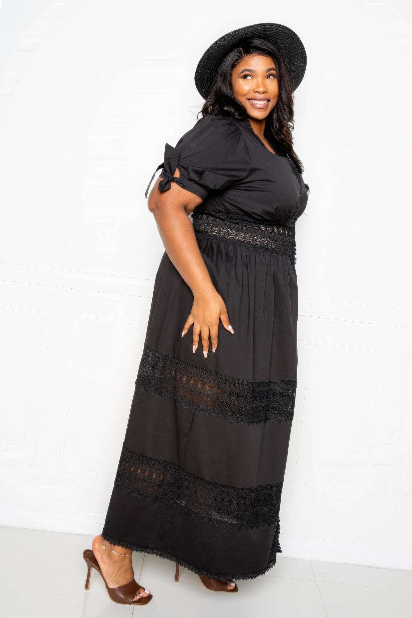 Puff Sleeve Maxi Dress With Lace Insert - The Diva Goddess