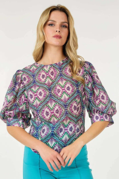 Puff Sleeve Multi-print Top - The Diva Goddess