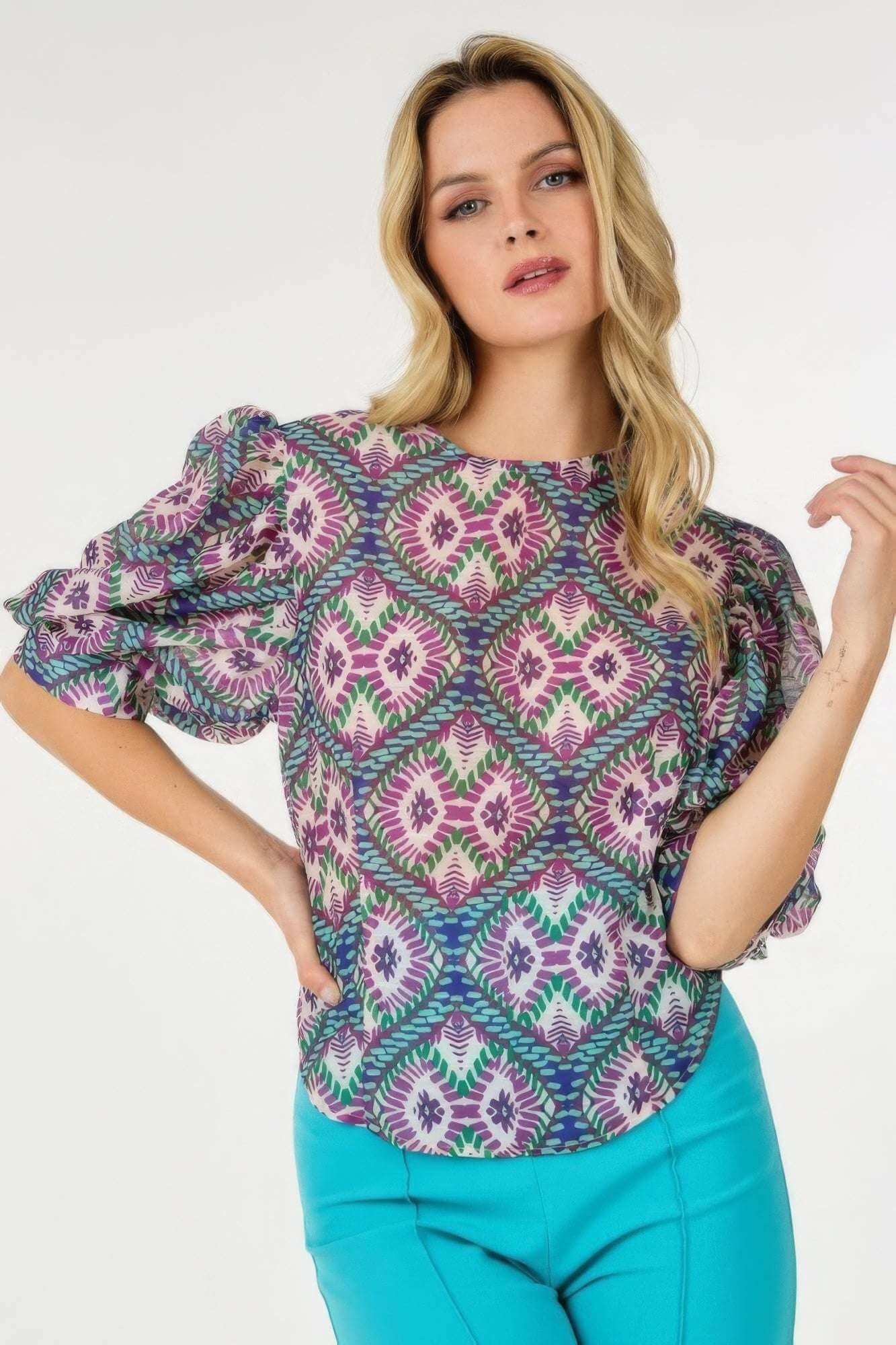 Puff Sleeve Multi-print Top - The Diva Goddess