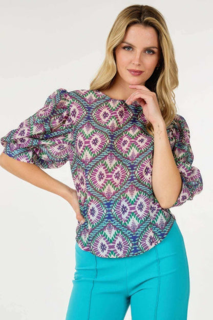 Puff Sleeve Multi-print Top - The Diva Goddess