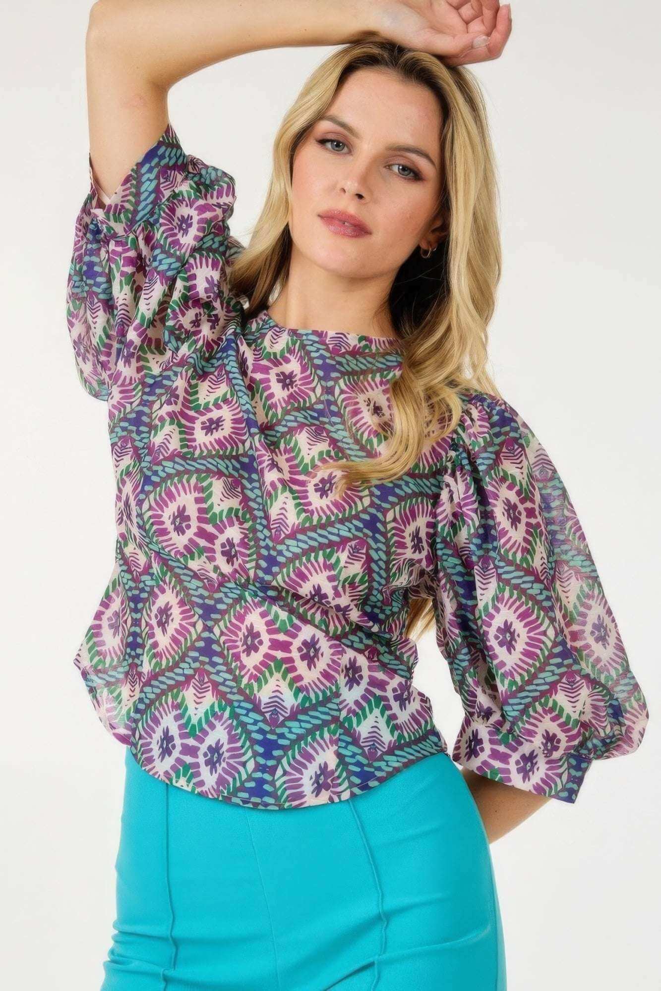 Puff Sleeve Multi-print Top - The Diva Goddess