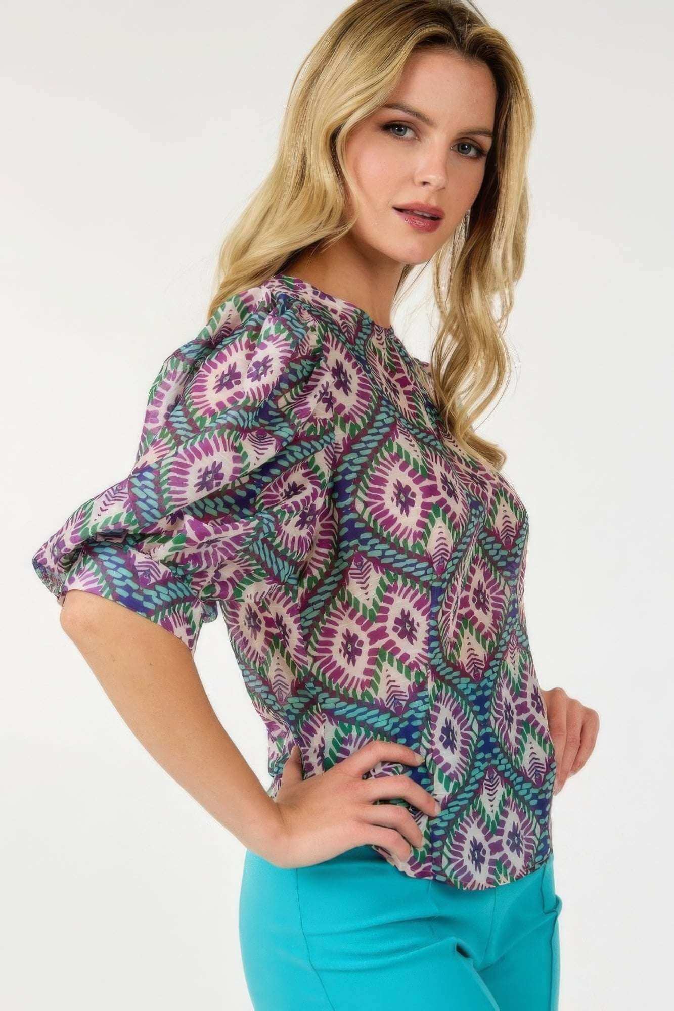 Puff Sleeve Multi-print Top - The Diva Goddess