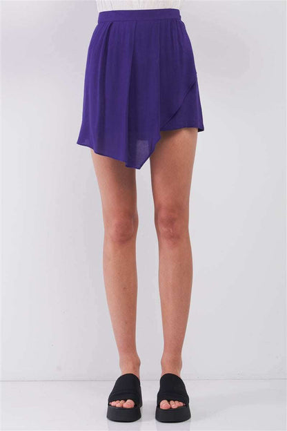 Purple High-waisted Asymmetrical Wrap Pleated Front Mini Skirt - The Diva Goddess