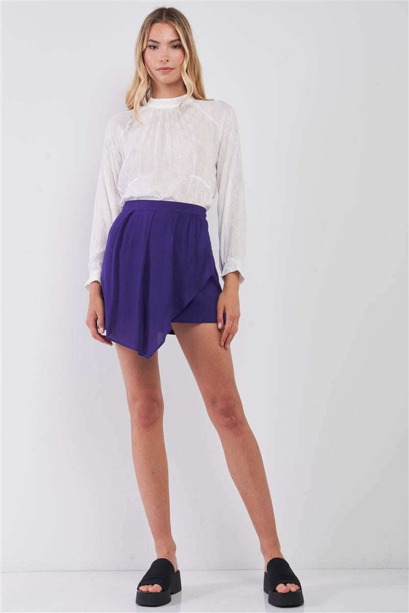 Purple High-waisted Asymmetrical Wrap Pleated Front Mini Skirt - The Diva Goddess