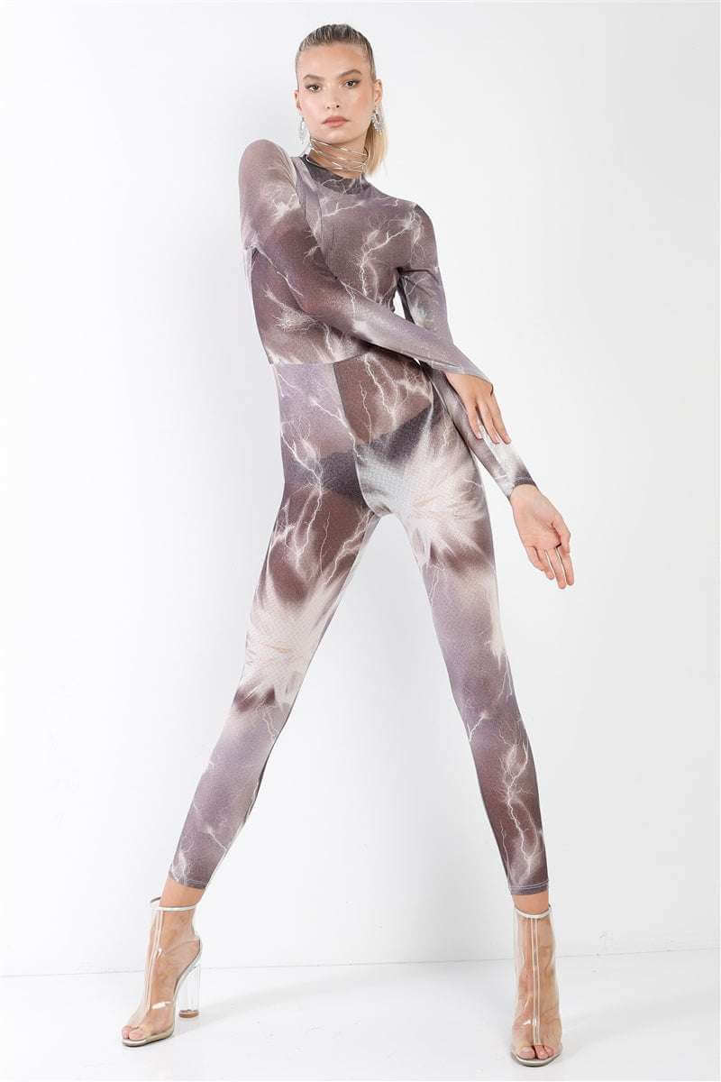 Purple-grey Lightning Print Mock Neck Long Sleeve With Finger Loop Fitted Catsuit /jumpsuit - The Diva Goddess