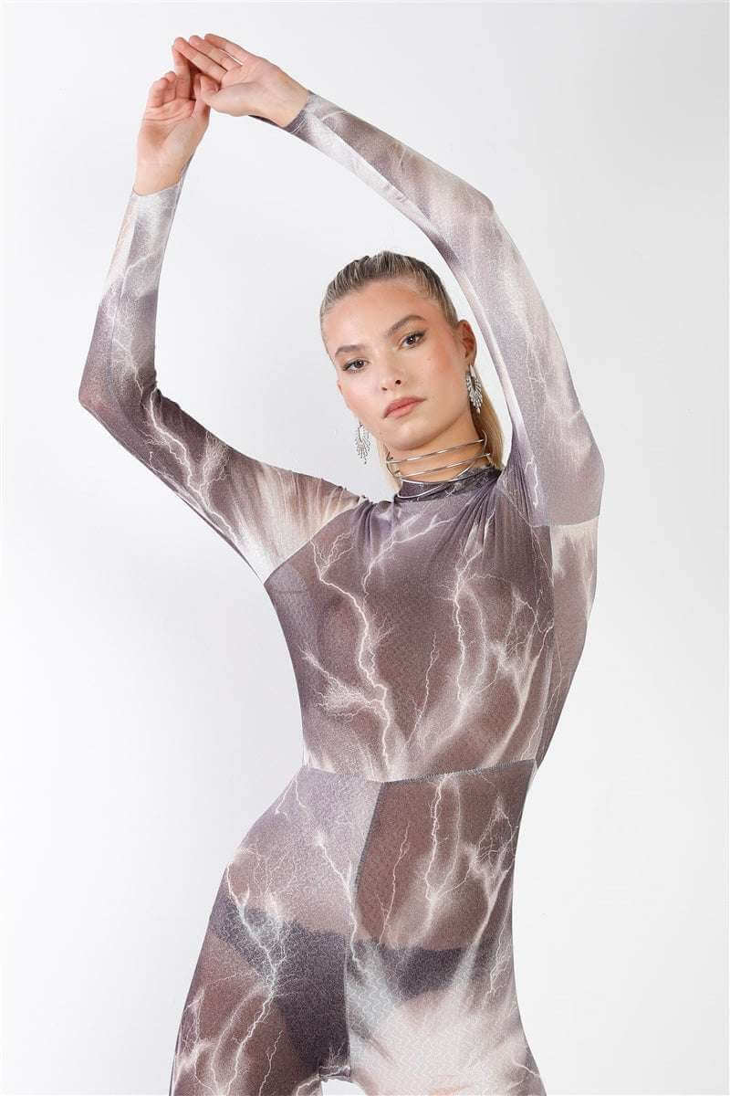 Purple-grey Lightning Print Mock Neck Long Sleeve With Finger Loop Fitted Catsuit /jumpsuit - The Diva Goddess