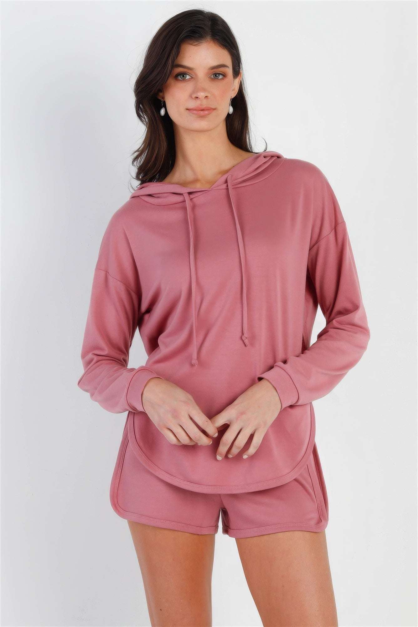 Racer Back Detail Long Sleeve Hooded Top & Short Set - The Diva Goddess