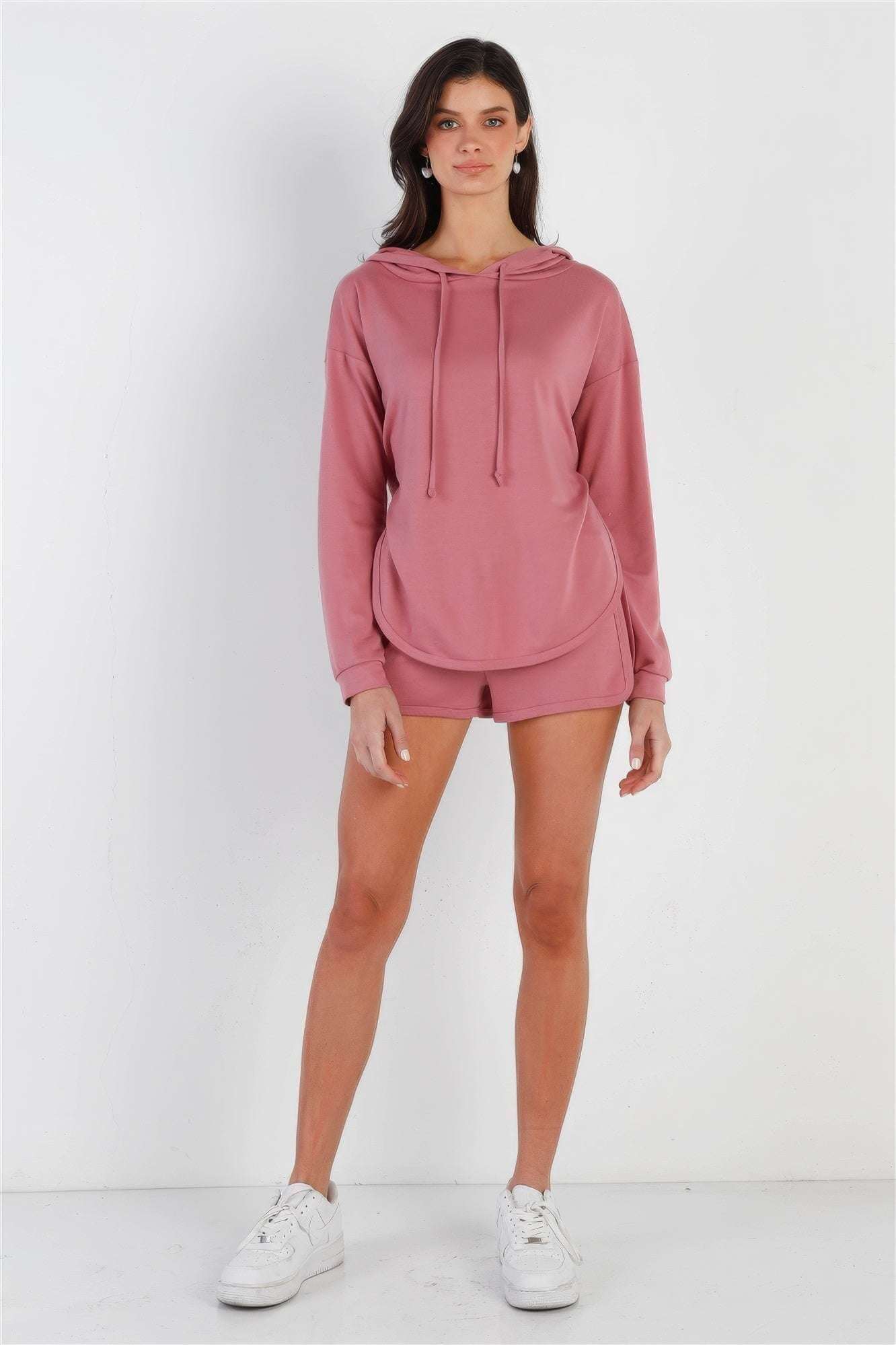 Racer Back Detail Long Sleeve Hooded Top & Short Set - The Diva Goddess