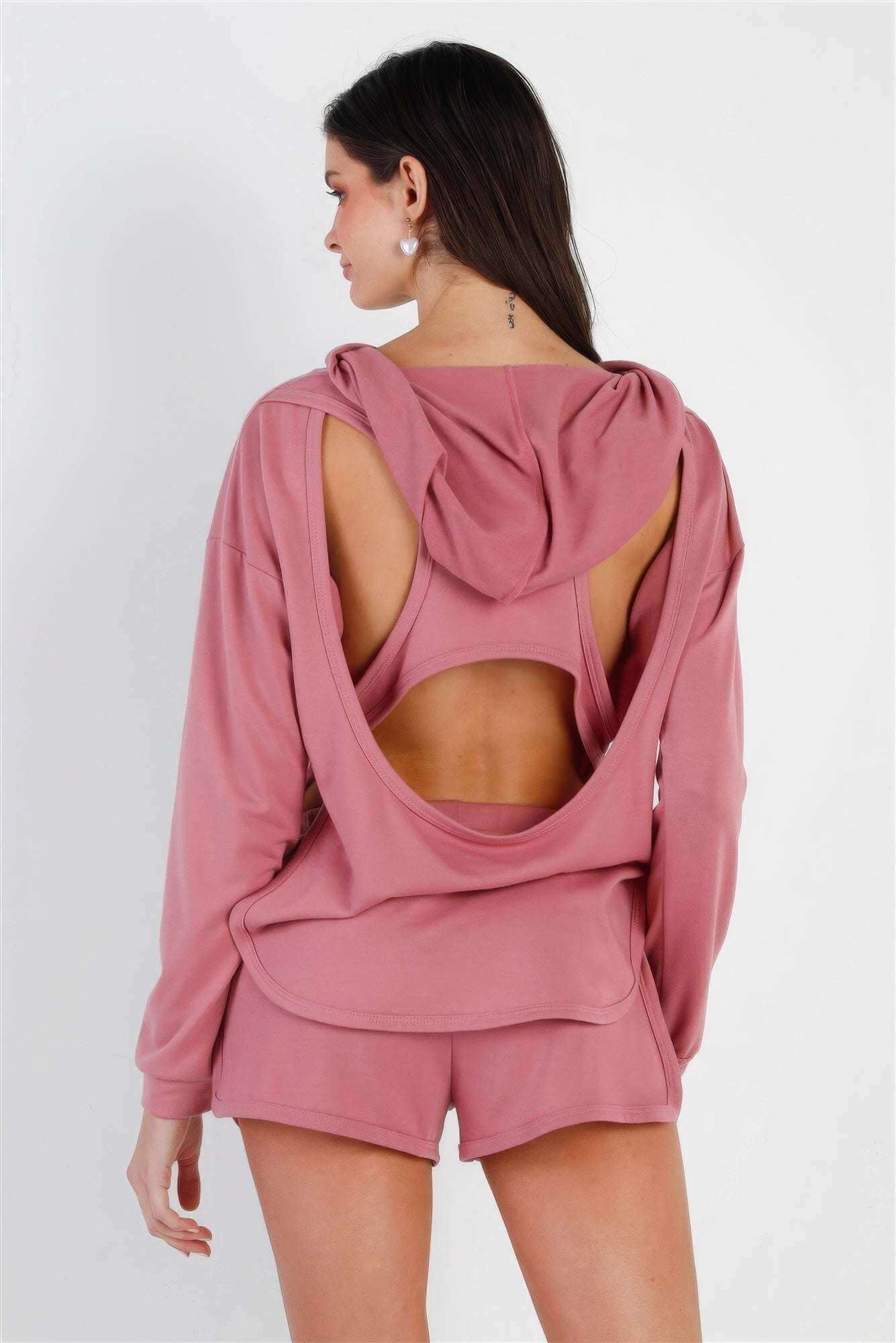 Racer Back Detail Long Sleeve Hooded Top & Short Set - The Diva Goddess