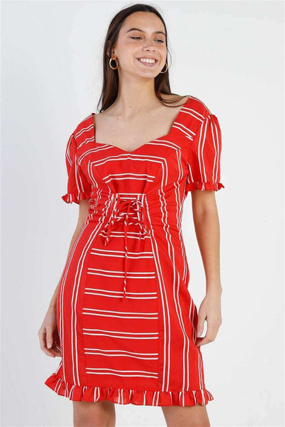 Red Stripe Lace Up Front Detail Ruffle Trim Balloon Sleeve Dress - The Diva Goddess