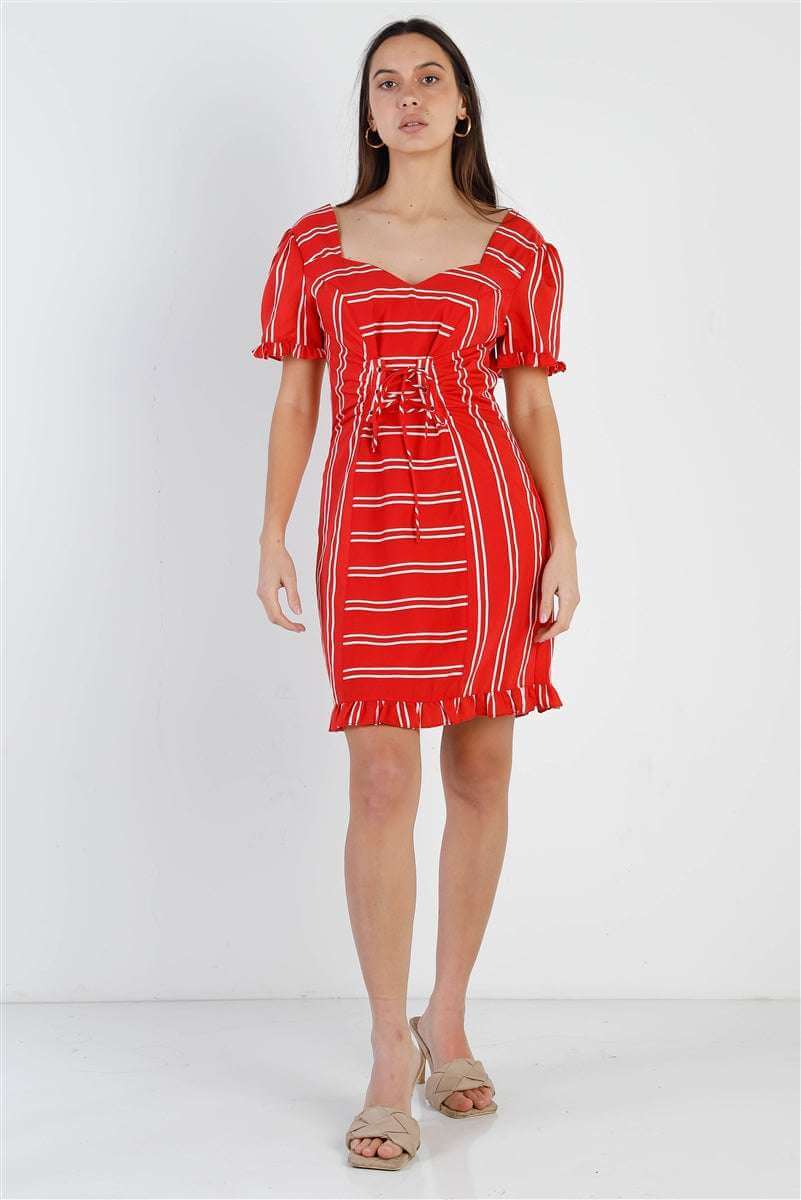 Red Stripe Lace Up Front Detail Ruffle Trim Balloon Sleeve Dress - The Diva Goddess