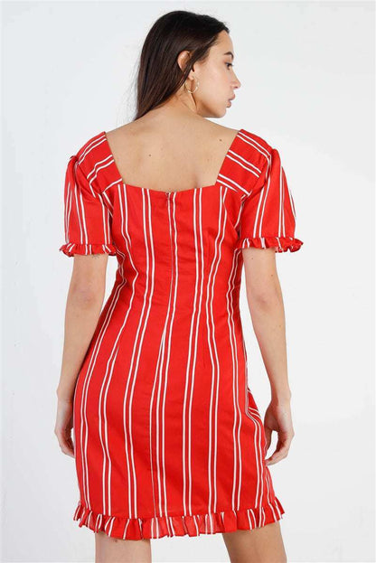 Red Stripe Lace Up Front Detail Ruffle Trim Balloon Sleeve Dress - The Diva Goddess