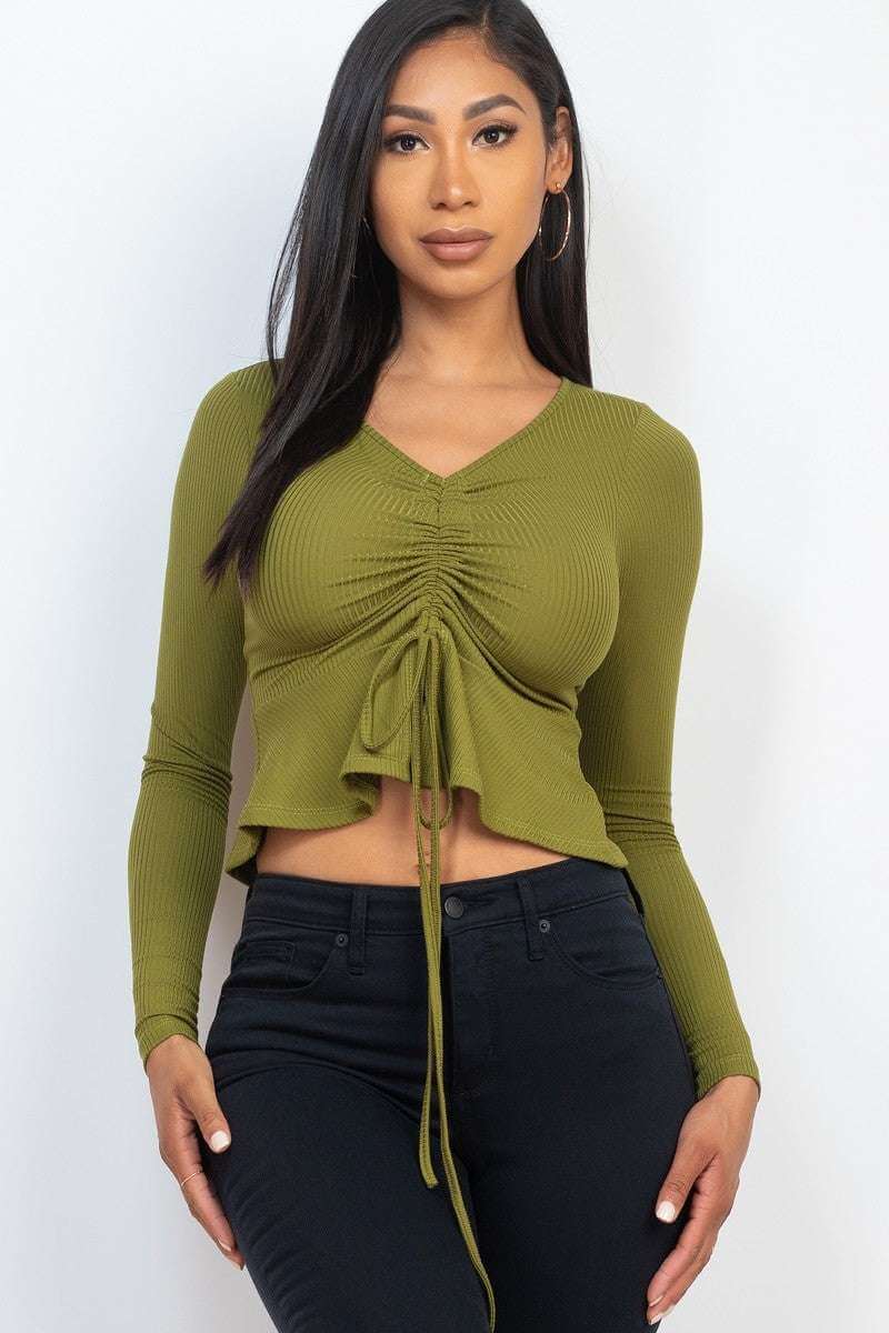 Ribbed Drawstring Front Long Sleeve Peplum Top - The Diva Goddess