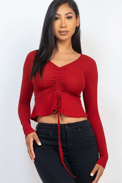 Ribbed Drawstring Front Long Sleeve Peplum Top - The Diva Goddess