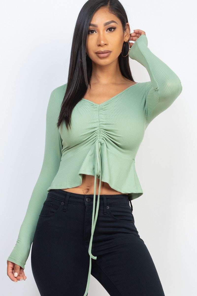 Ribbed Drawstring Front Long Sleeve Peplum Top - The Diva Goddess