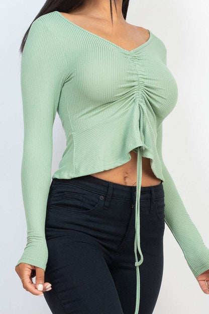 Ribbed Drawstring Front Long Sleeve Peplum Top - The Diva Goddess