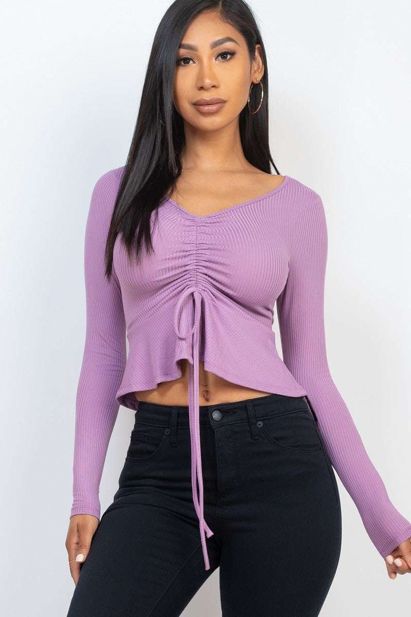 Ribbed Drawstring Front Long Sleeve Peplum Top - The Diva Goddess