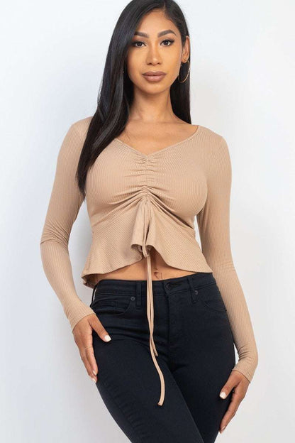 Ribbed Drawstring Front Long Sleeve Peplum Top - The Diva Goddess