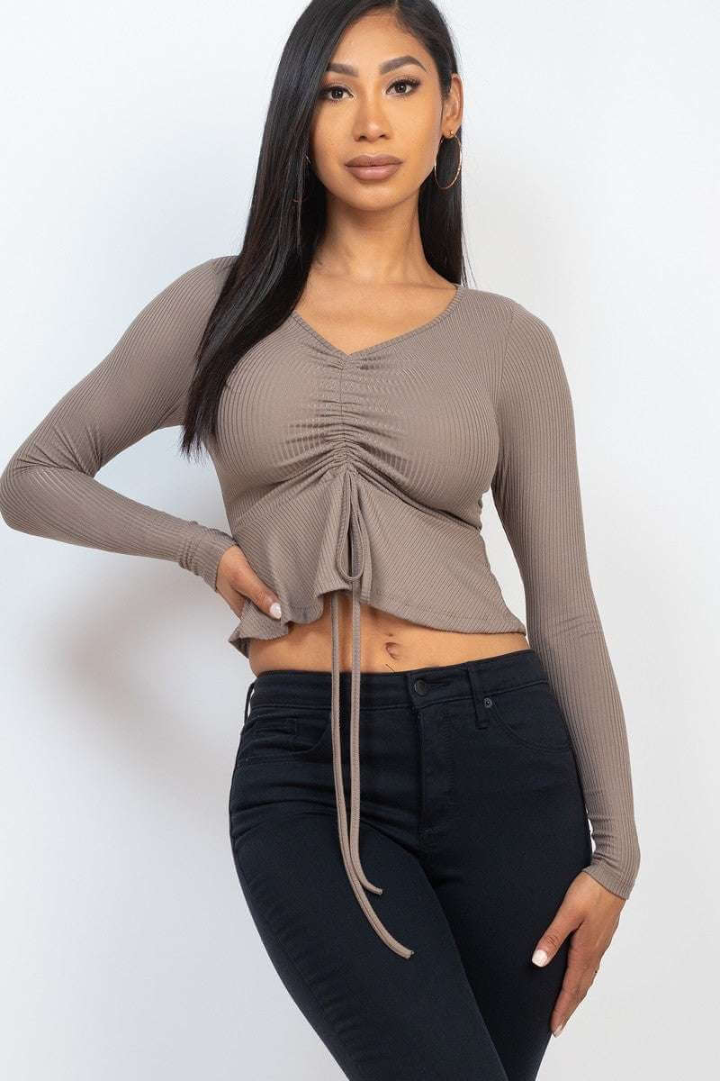 Ribbed Drawstring Front Long Sleeve Peplum Top - The Diva Goddess