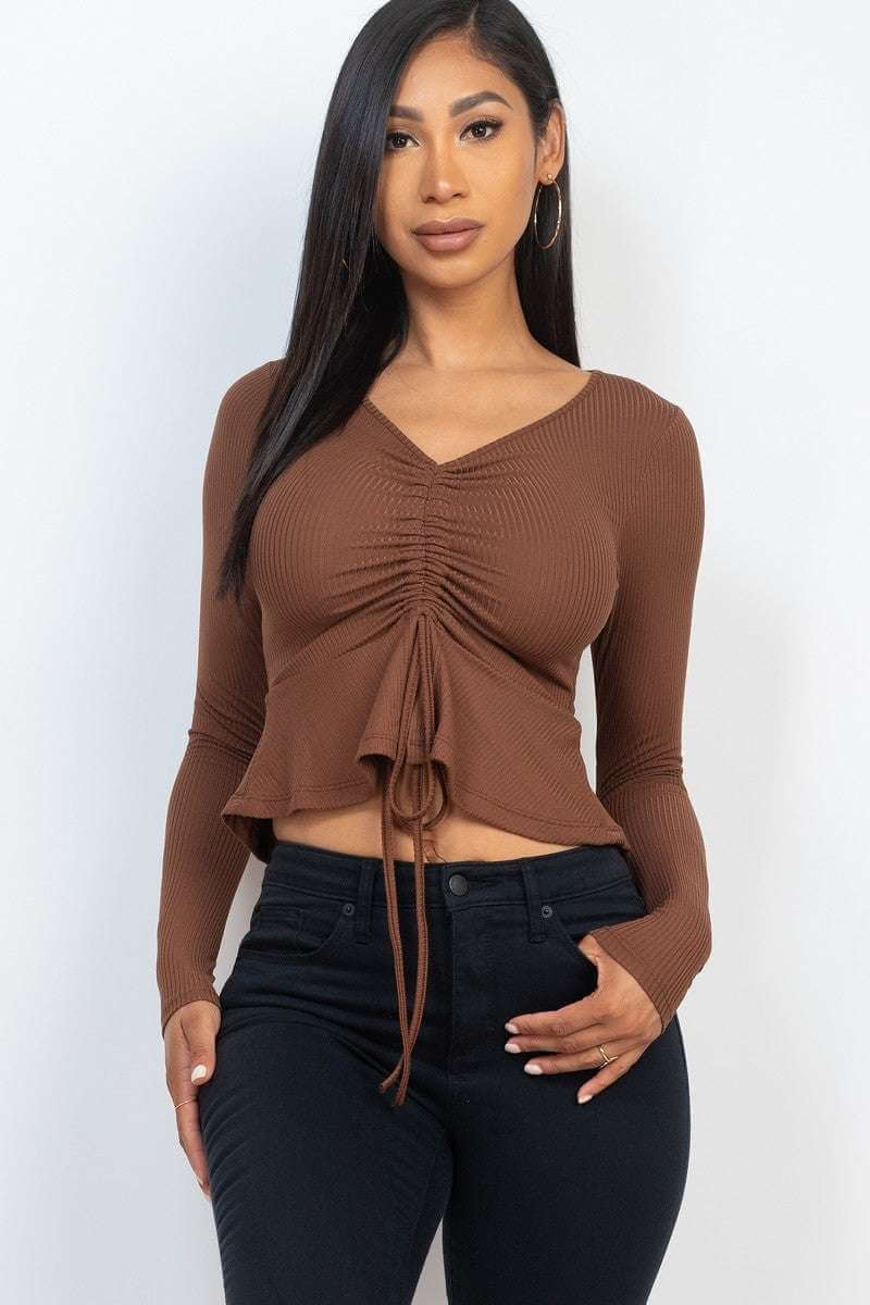 Ribbed Drawstring Front Long Sleeve Peplum Top - The Diva Goddess