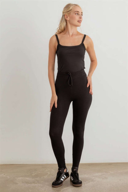 Ribbed High Waist Drawstring Leggings - The Diva Goddess