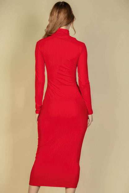 Ribbed Mock Neck Long Sleeve Bodycon Midi Dress - The Diva Goddess