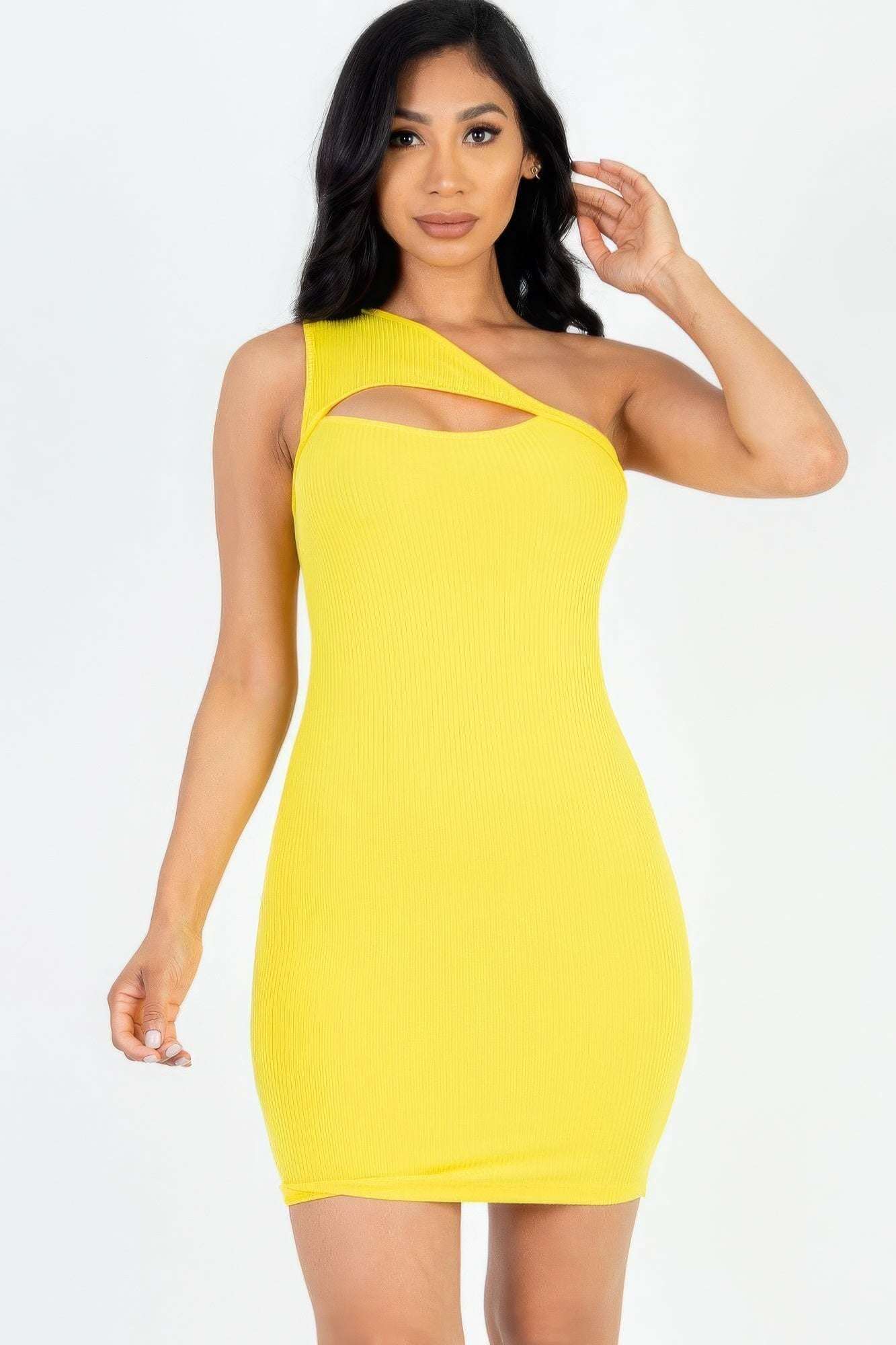 Ribbed One Shoulder Cutout Front Mini Bodycon Dress - The Diva Goddess