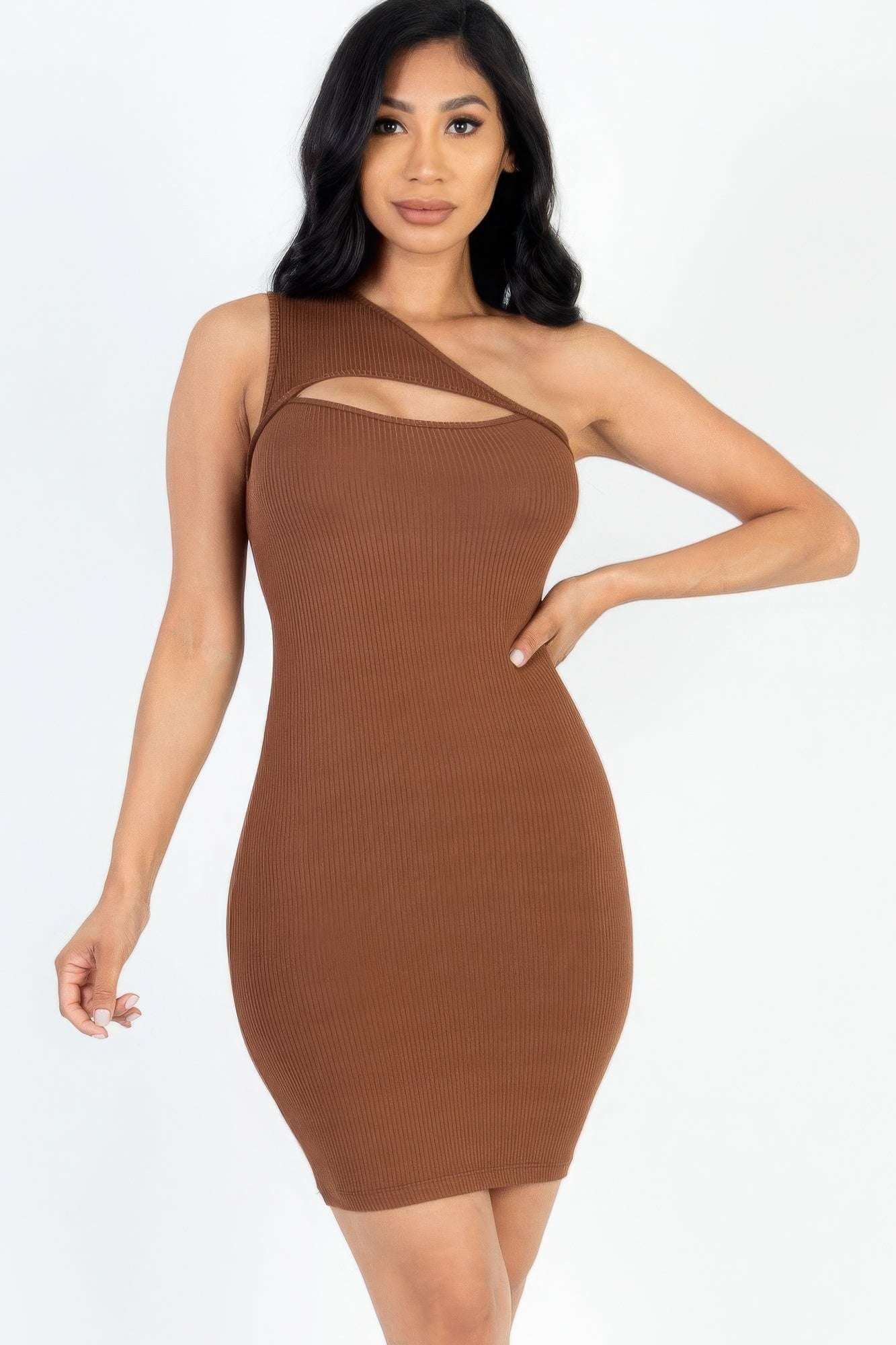 Ribbed One Shoulder Cutout Front Mini Bodycon Dress - The Diva Goddess